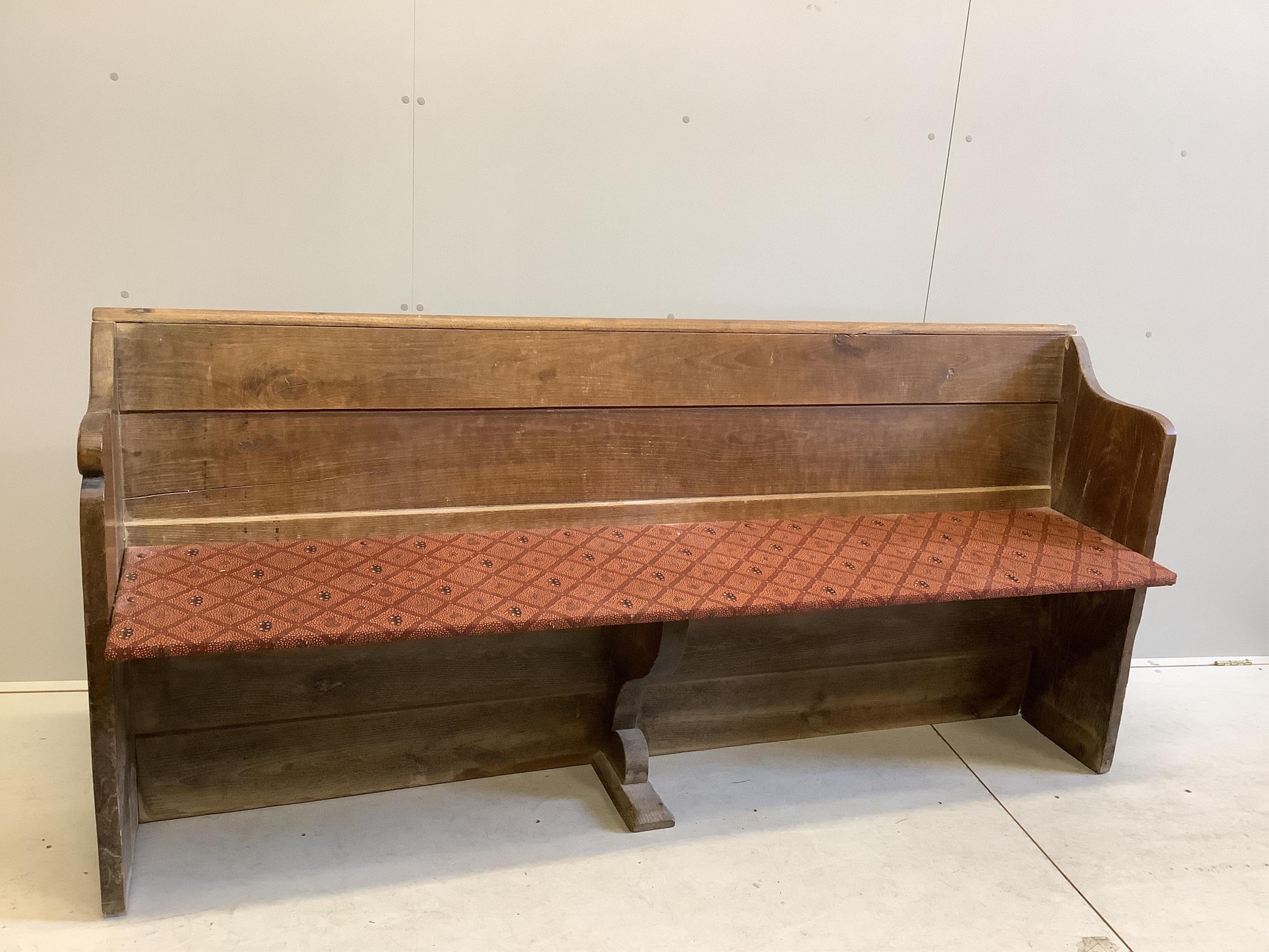 A Victorian oak pew, width 202cm, depth 49cm, height 89cm. Condition - fair